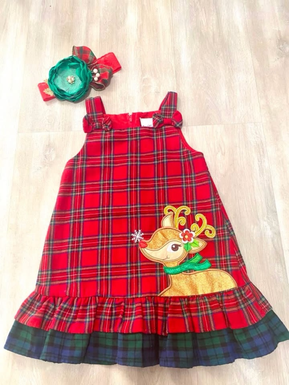 Rare Editions Red Plaid Dress with Green Hairband and Reindeer Applique